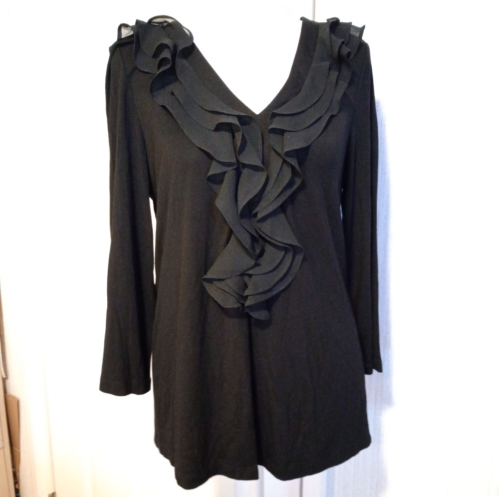 New Directions Women's Size S Black Rayon Top Chiffon Ruffles 3/4 Sleeve EUC